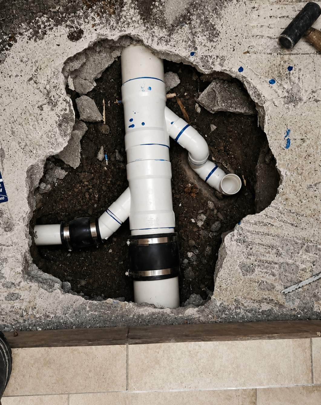 Tubería nueva instalada en reparación de plomería bajo piso.