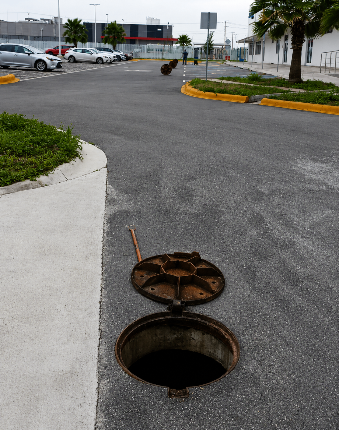 Registro abierto en estacionamiento durante mantenimiento preventivo.
